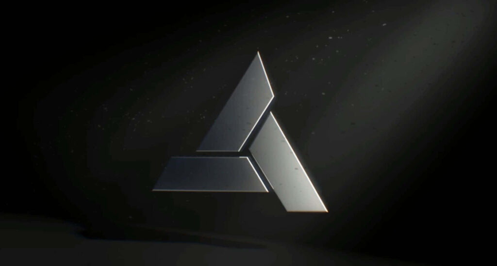 Metallic Abstergo Industries logo on dark background modern Assassin's Creed wallpaper design