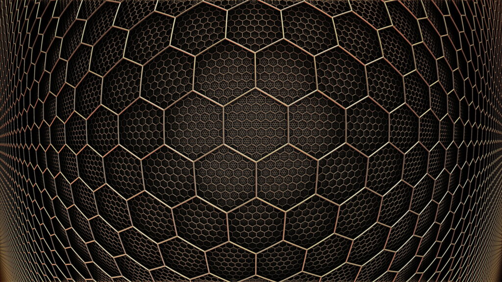 3D metallic gold hexagon vortex on dark mesh grid futuristic abstract wallpaper background