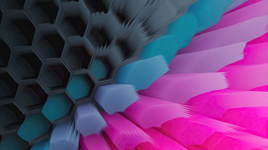 Abstract 3D hexagonal grid blending charcoal, vibrant blue, and neon pink digital wallpaper background