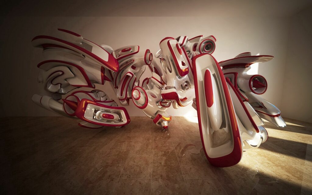 Abstract 3D Plastic Wallpaper: White & Red Fluid Composition