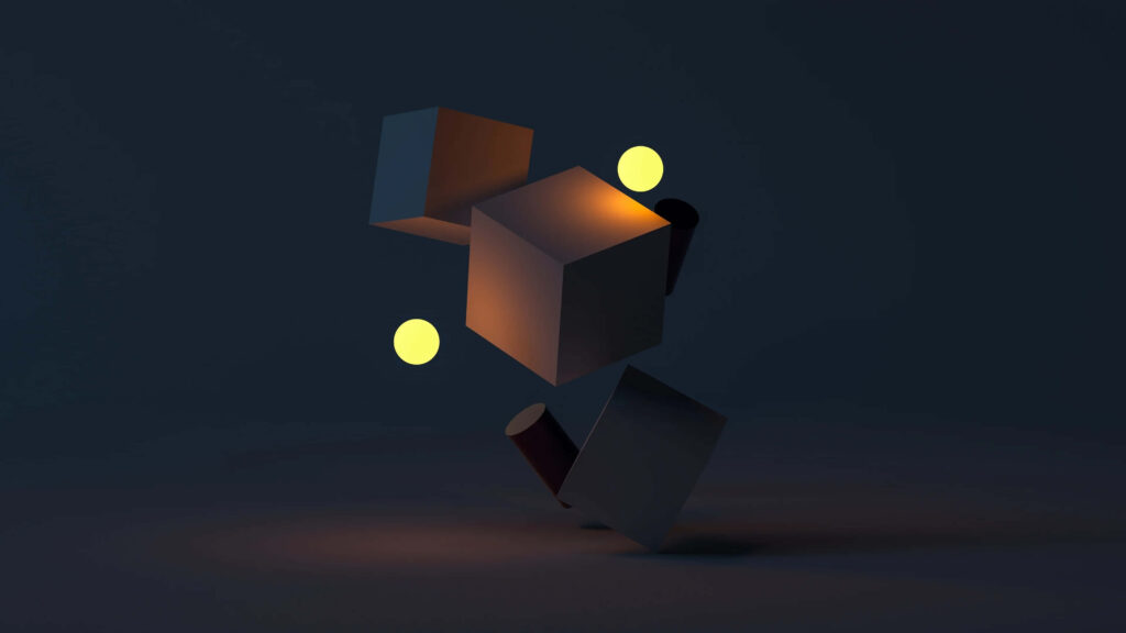 Abstract 3D Wallpaper: Floating Cubes & Spheres on Dark Background