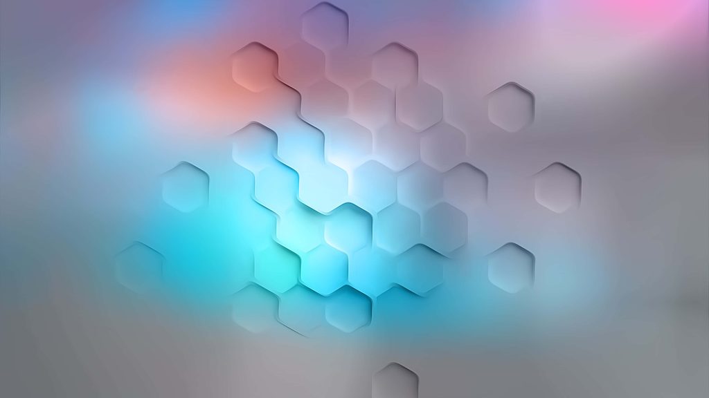 Abstract 4K desktop wallpaper with 3D hexagons in blue cyan and pink gradients on grey background