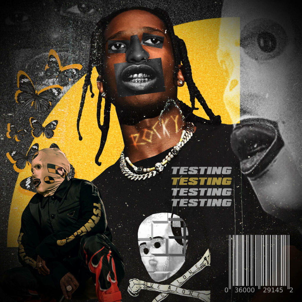 Abstract hip hop wallpaper with vivid colors and surreal facial overlays inspired by A$AP Rocky album art