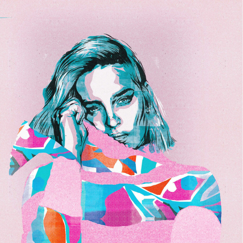 Abstract art portrait of Anne Marie with vibrant geometric shapes on soft pink background wallpaper