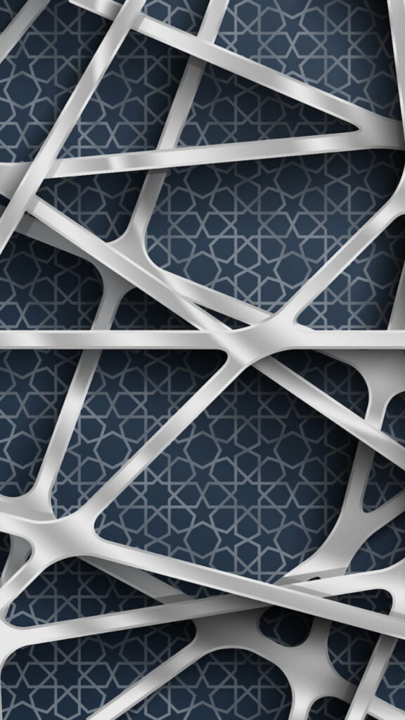 Sleek 3D wallpaper with silver geometric ribbons on deep blue background minimalist design