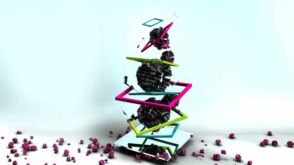 Abstract Black Geometric Balls with Pink and Purple Particles Wallpaper