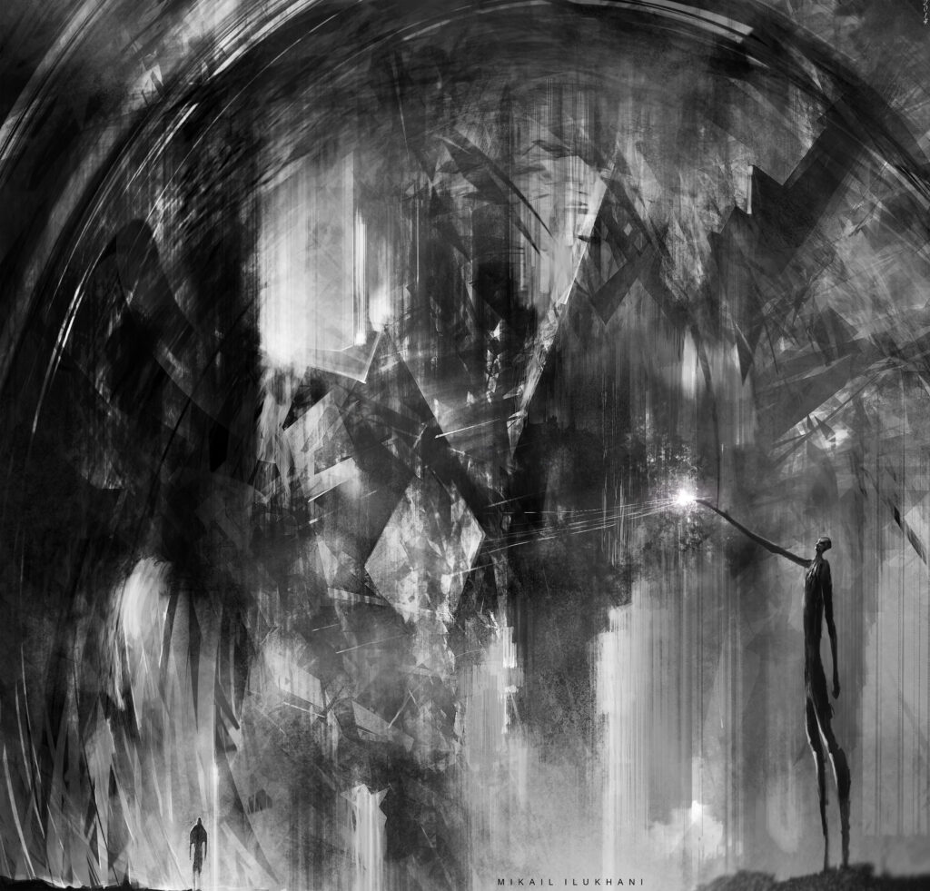 Alien Figure in Surreal Black & White Fantasy Landscape Wallpaper