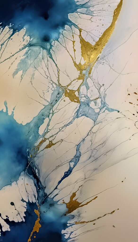 Dynamic Abstract Wallpaper with Blue & Gold Paint Splashes