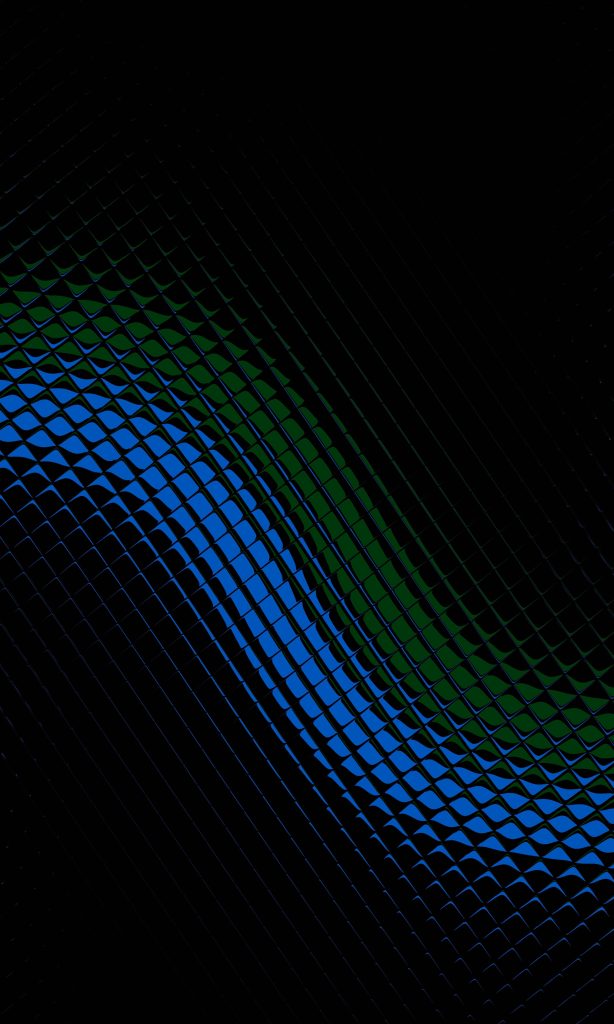Abstract digital phone wallpaper with vibrant blue green metallic wave grid on black background