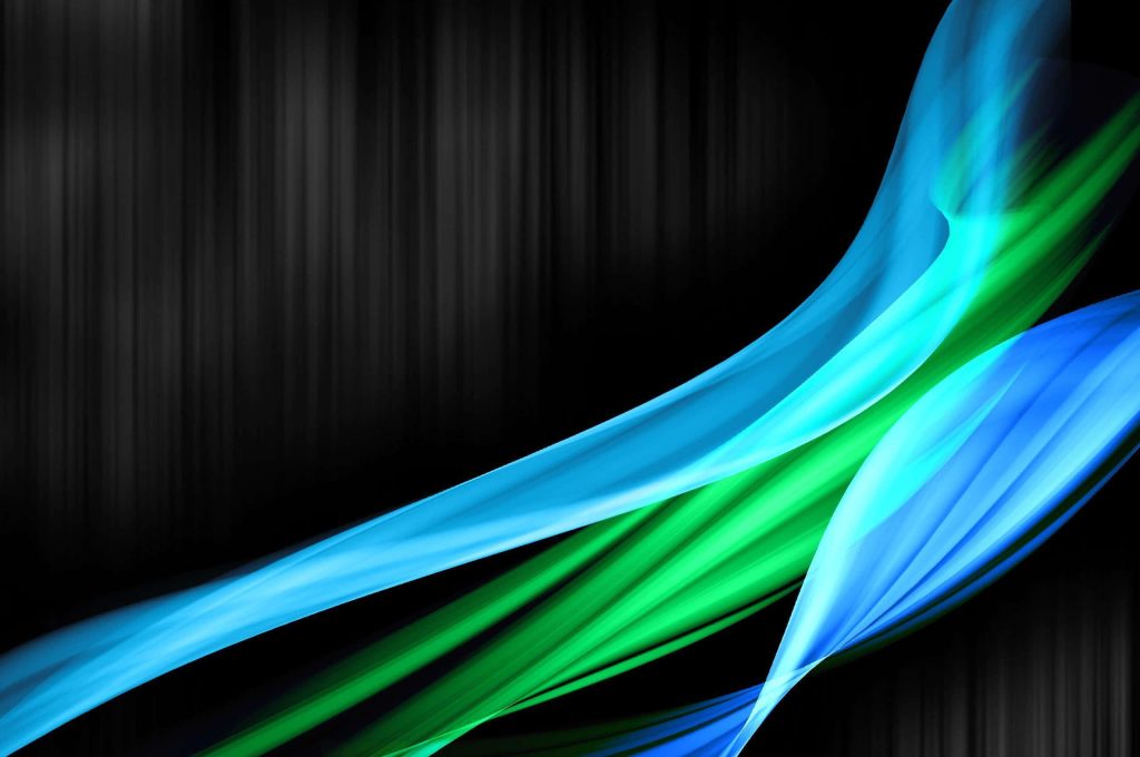 Abstract digital wallpaper with flowing electric blue and green ribbons on dark textured background