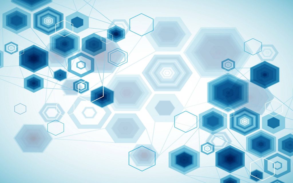 Abstract hexagon wallpaper with interconnected blue geometric shapes on a bright gradient background