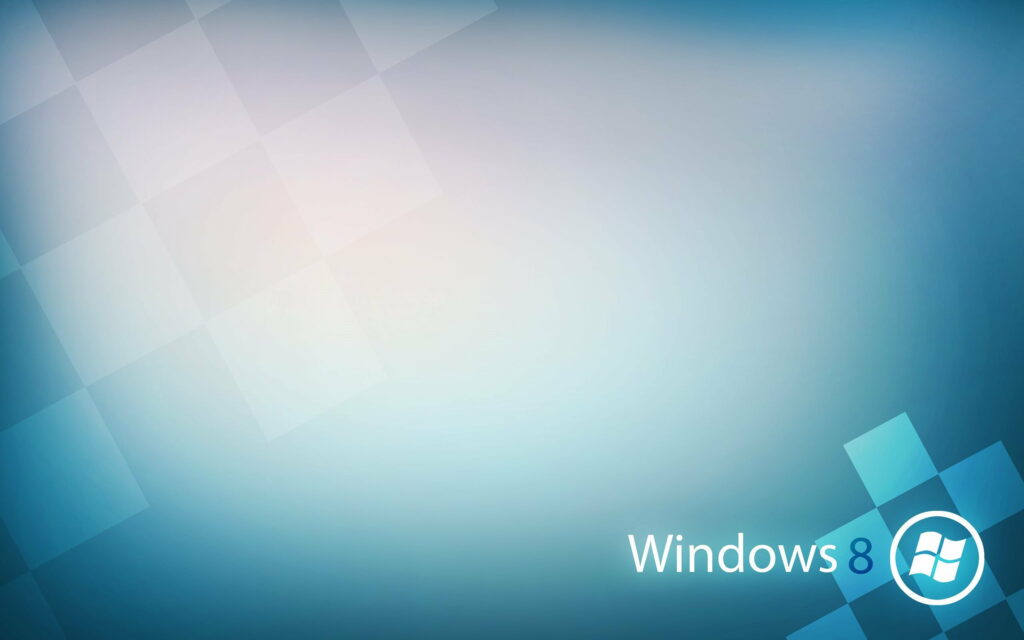 Abstract Windows 8 wallpaper with blue gradient and geometric tiles featuring logo and text