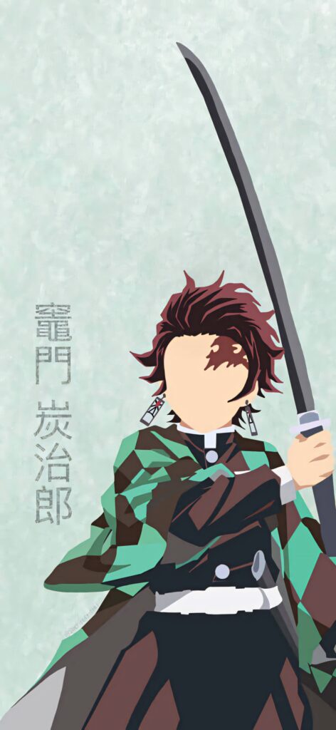 Abstract Faceless Character with Sword in Green Checkered Haori Wallpaper