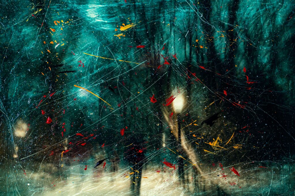 Vivid Abstract Wallpaper: Colorful Paint Splatters & Ethereal Lanterns