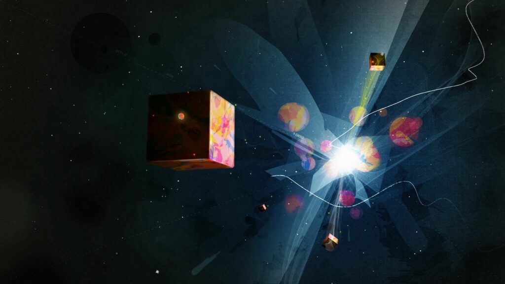 Stunning Cosmic Abstract Wallpaper with Cubic Figure and Light Burst