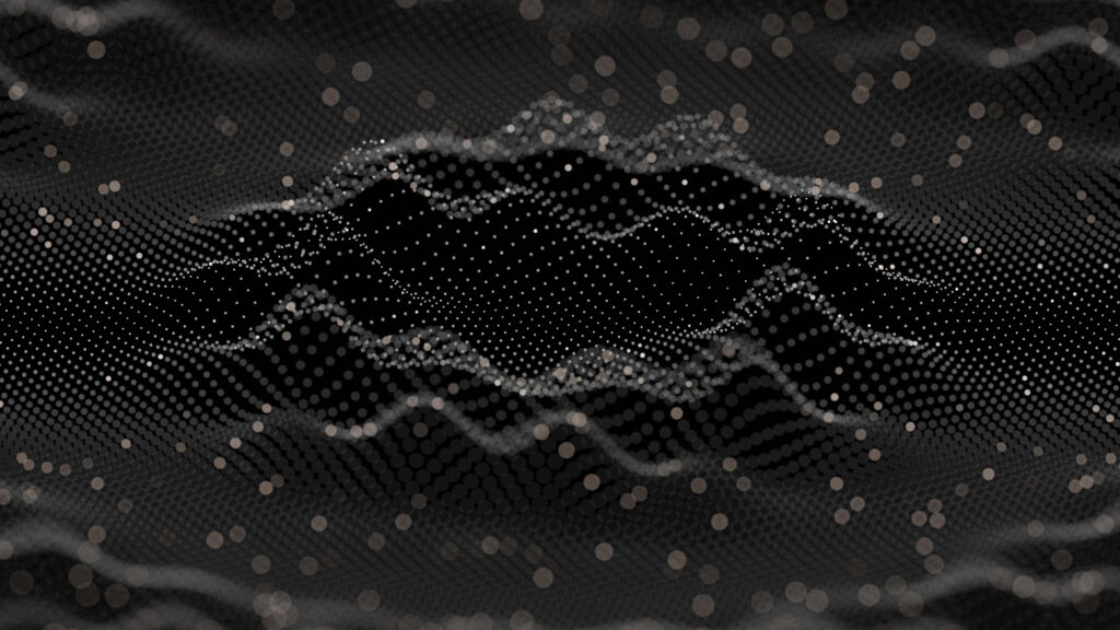 Abstract Digital Wave Wallpaper with Glowing Particles on Dark Background