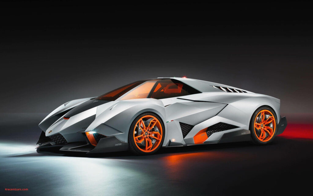Sleek 3D Car Illuminated by Vibrant Orange Rims and Reflective Lights on a Dark Background Wallpaper