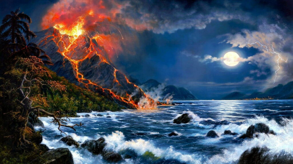 Abstract Expression of Volcanic Fury: A Captivating Oil Painting Depicting an Erupting Volcano Wallpaper