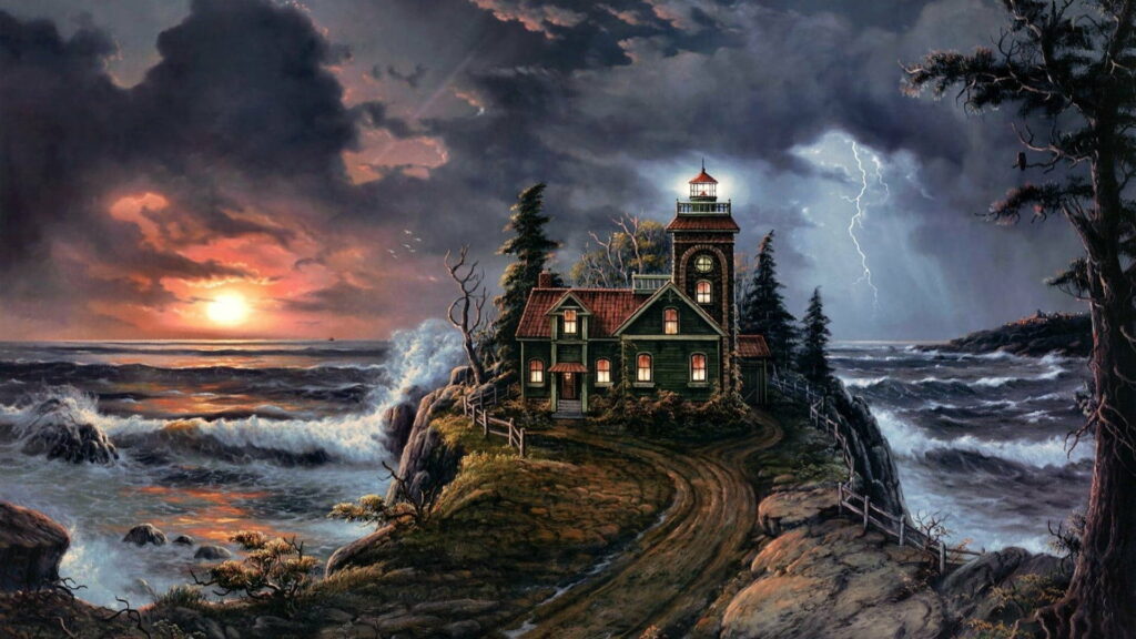 Captivating Chaos: Abstract Stormy Lighthouse in Oils – Mesmerizing HD Wallpaper