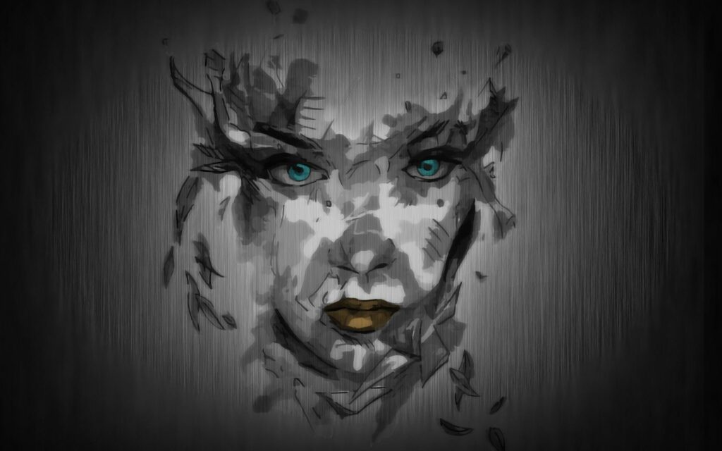 Surreal Abstract Face Wallpaper: Blue Eyes & Gold Lips on Dark Background