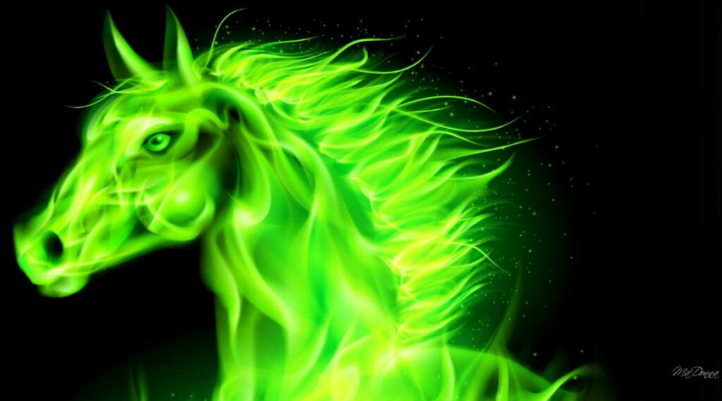 The Fiery Emerald Equine: Abstract Neon Flames in HD Wallpaper Background