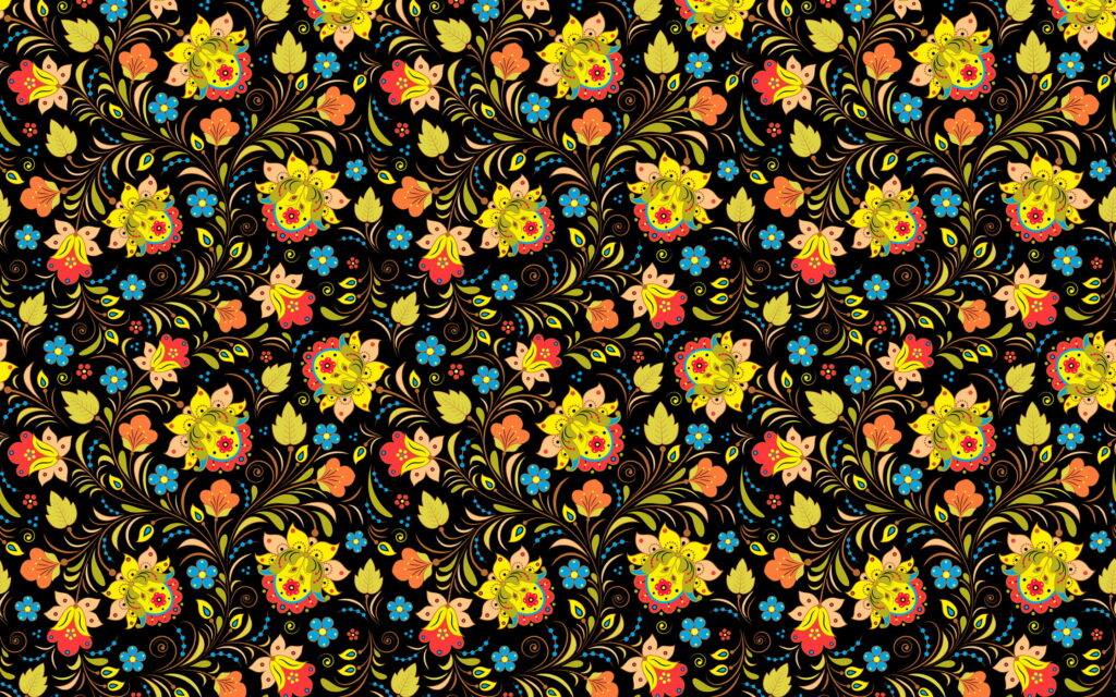 Khokhloma floral pattern with yellow flowers red accents and blue blossoms on black background Wallpaper