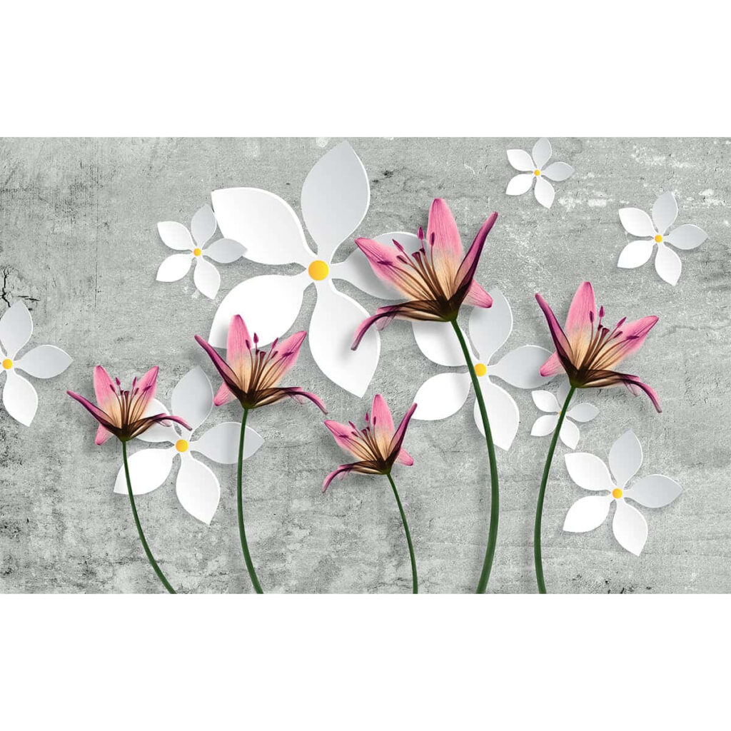 Abstract Floral Wallpaper: Pink Lilies & White Flowers on Grey Background