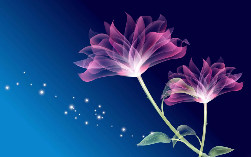 Serene Floral Wallpaper: Translucent Pink Flowers on Blue Background