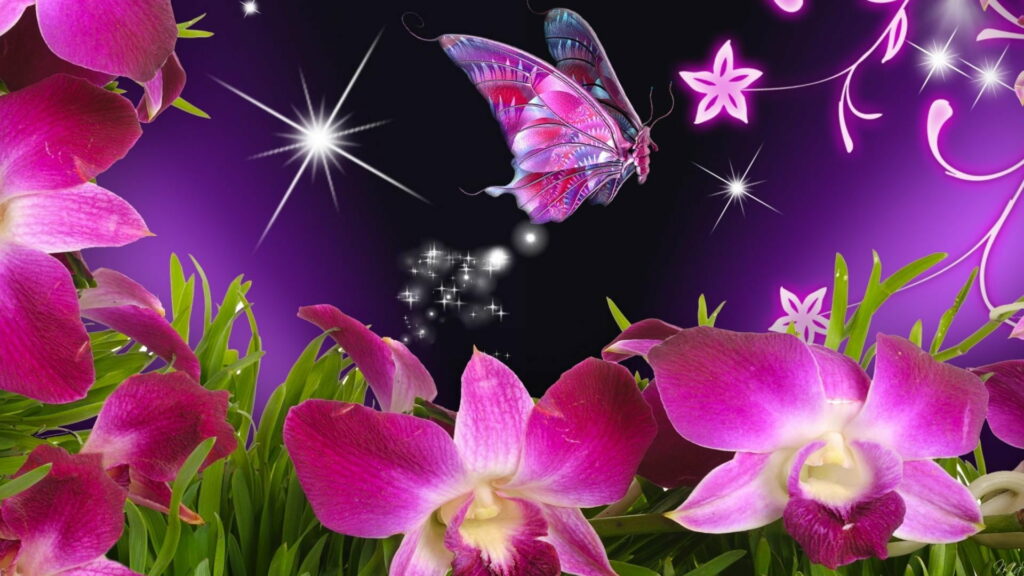 Colorful Blossoms and Fluttering Wings: A Vibrant Abstract Vector Wallpaper