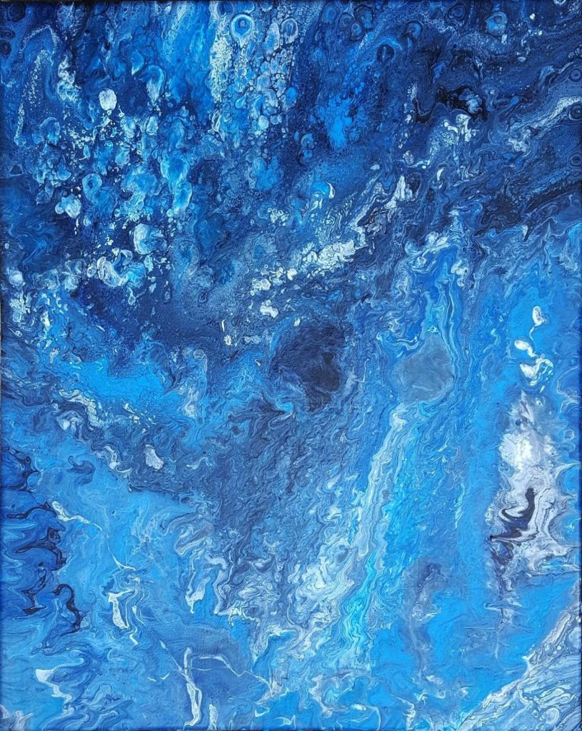 Abstract fluid art wallpaper with navy blue white swirling waves acrylic pour design