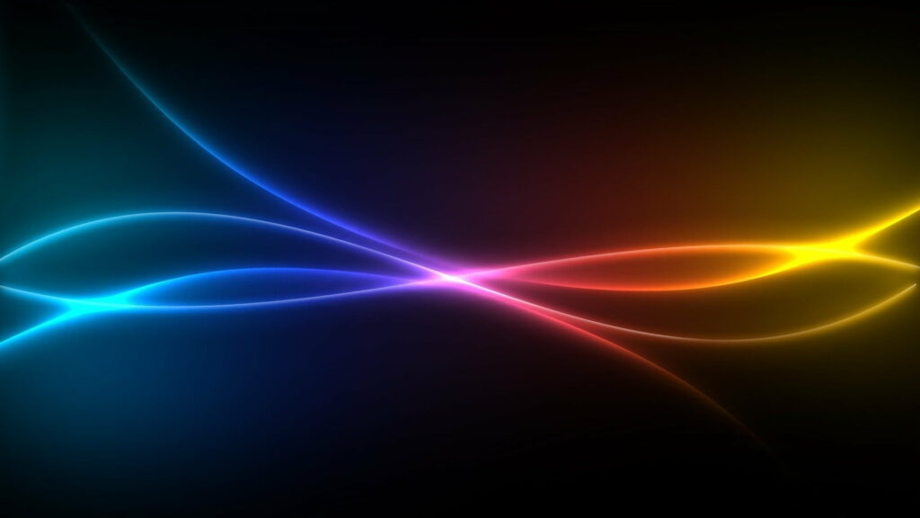 Abstract digital wallpaper with glowing neon blue and orange light waves on black background