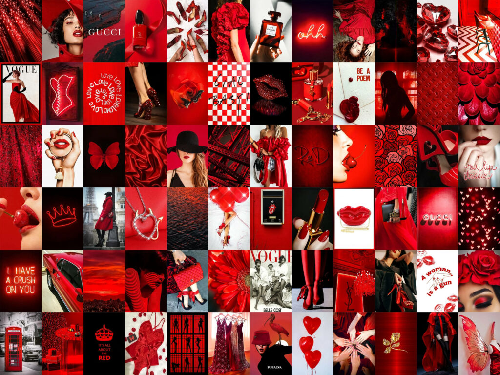Couture Kaleidoscope: A Vibrant Red Baddie Mosaic Showcasing Fashion Styles and Moods in Abstract Harmony Wallpaper