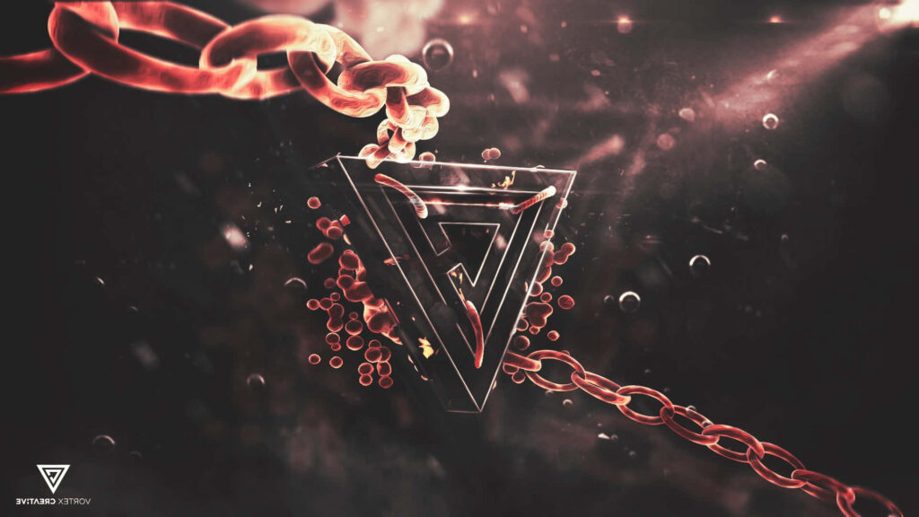 Dynamic Abstract Gaming Wallpaper: Triangular Emblem & Vibrant Chains