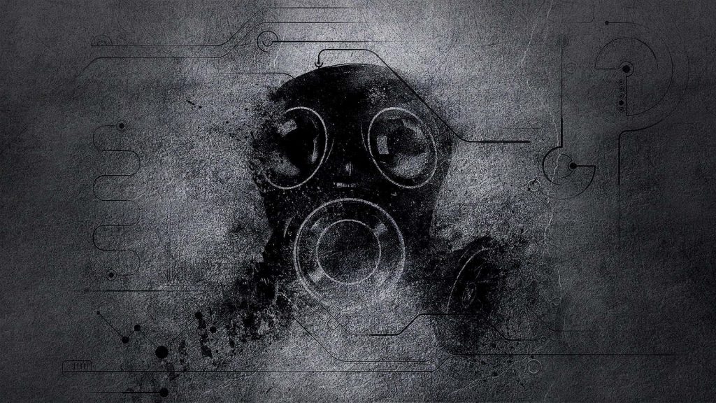 Abstract monochrome gas mask wallpaper with technical schematics industrial cyberpunk design