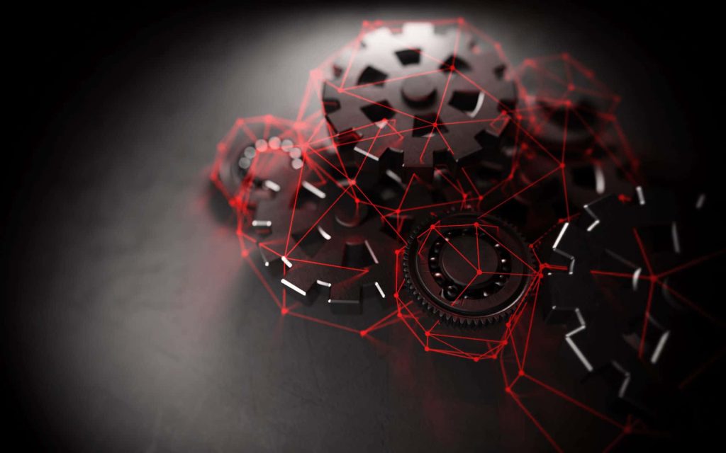 Abstract 3D dark metallic gears network with red glowing polygonal mesh modern tech wallpaper
