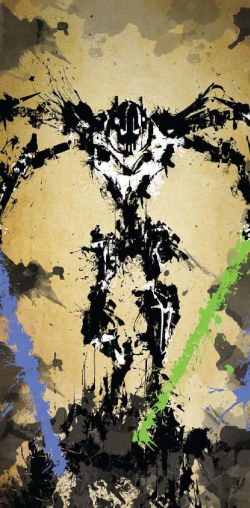 Abstract ink-splatter Star Wars General Grievous wallpaper with neon green and blue accents