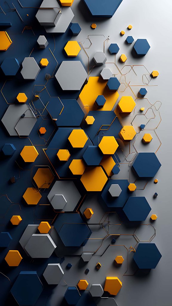 Abstract 3D hexagon wallpaper with navy blue yellow grey tones and glowing gold lines background
