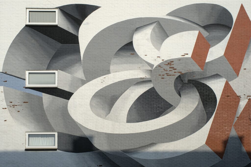 Abstract Geometric Mural on Brick Wall - Dynamic Monochrome Background Wallpaper
