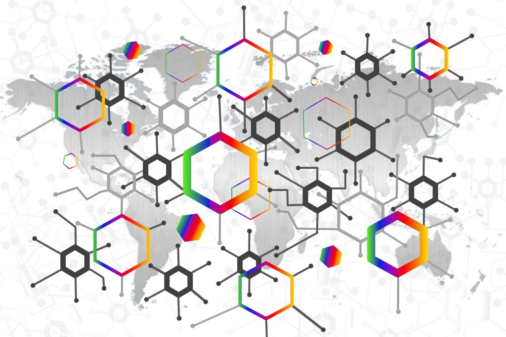 Abstract digital wallpaper world map with rainbow hexagons and black nodes connectivity design