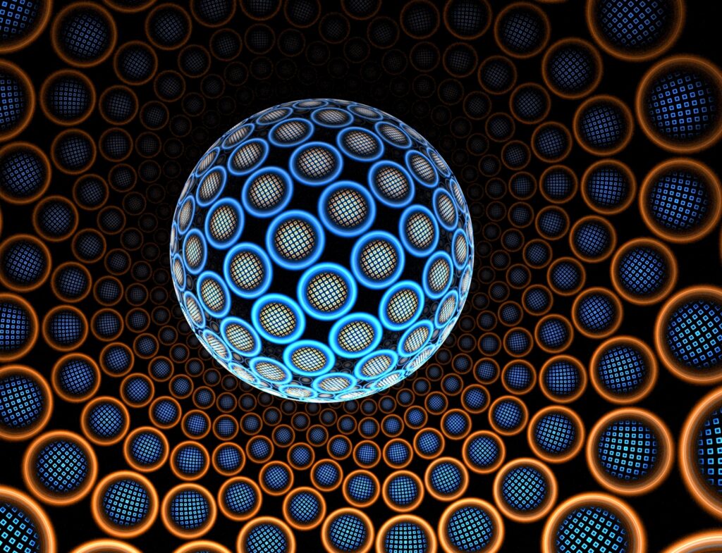 Abstract Wallpaper: Blue Sphere & Glowing Orbs on Dark Background