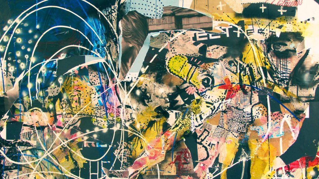 Abstract graffiti wallpaper with vibrant numbers paint splashes and layered textures Kidcore style