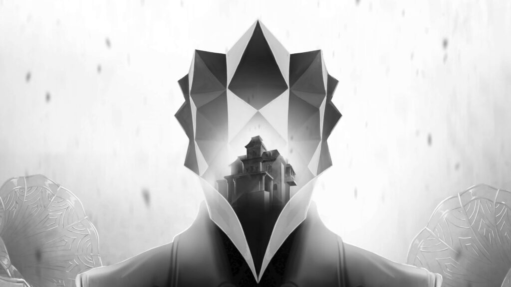 Surreal Grayscale Wallpaper: Abstract Geometric Design & Mysterious House
