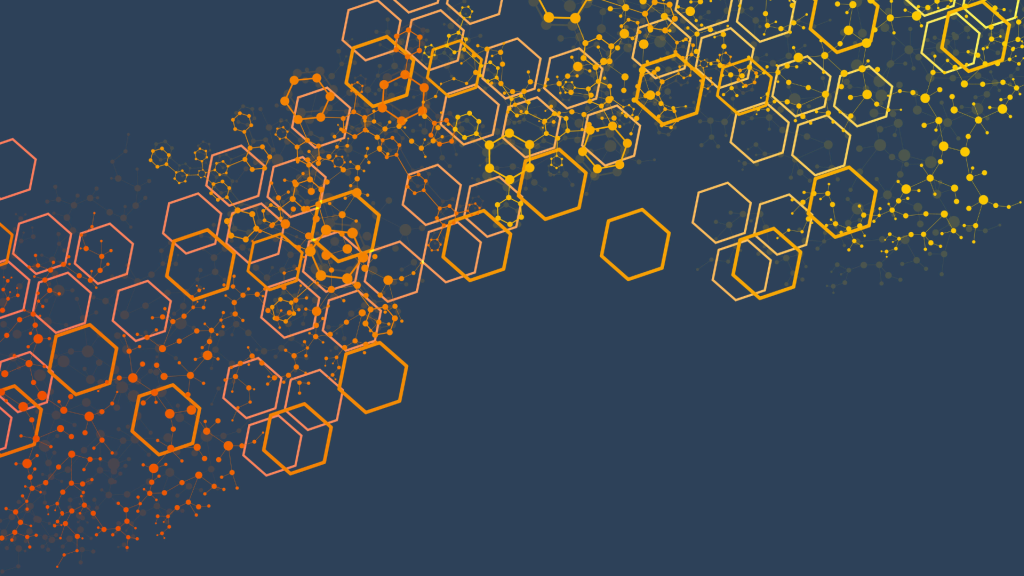 Abstract hexagon background with golden digital network on deep dark blue modern tech wallpaper