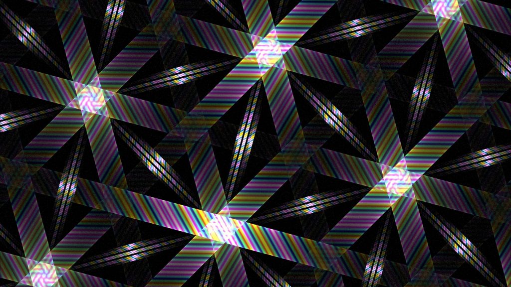 Abstract hexagonal grid wallpaper with glowing iridescent rainbow bands on black background