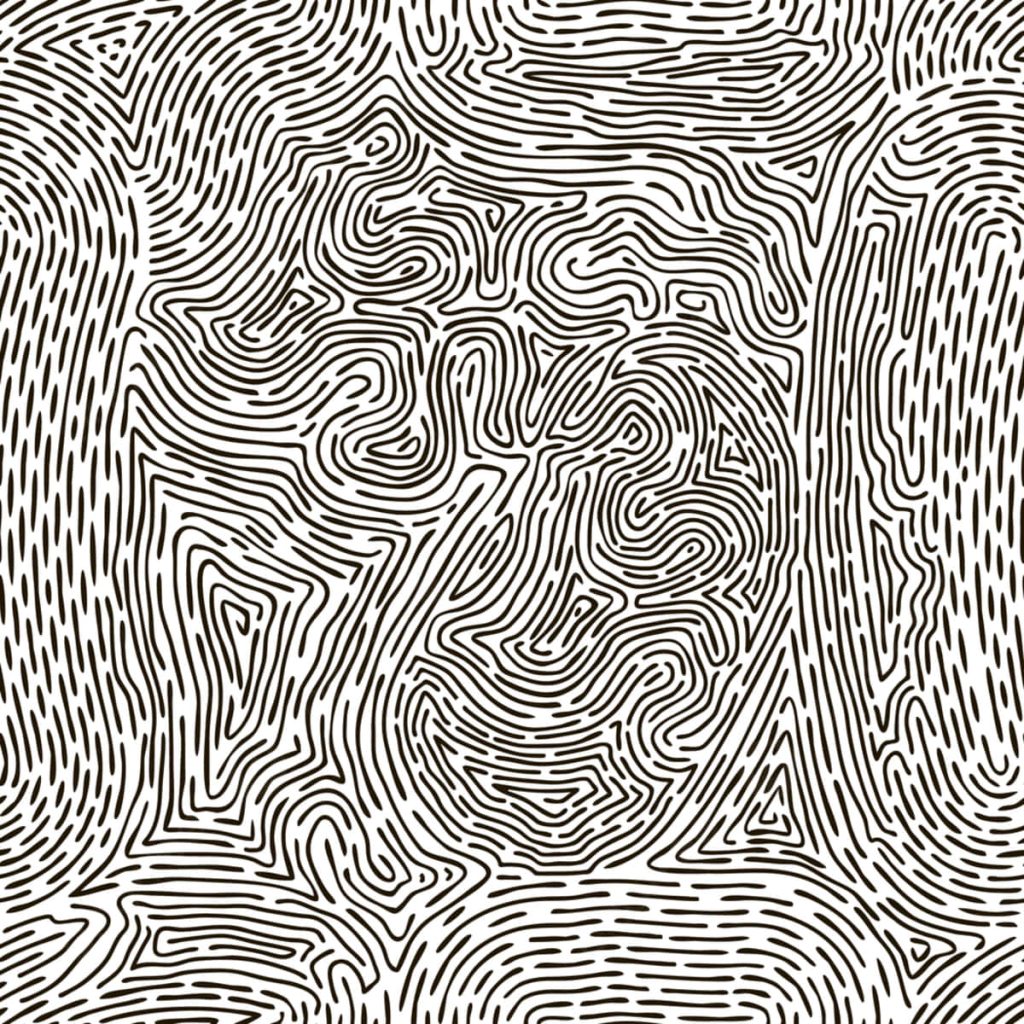 Close-up fingerprint pattern with intricate black lines on white geometric maze wallpaper background