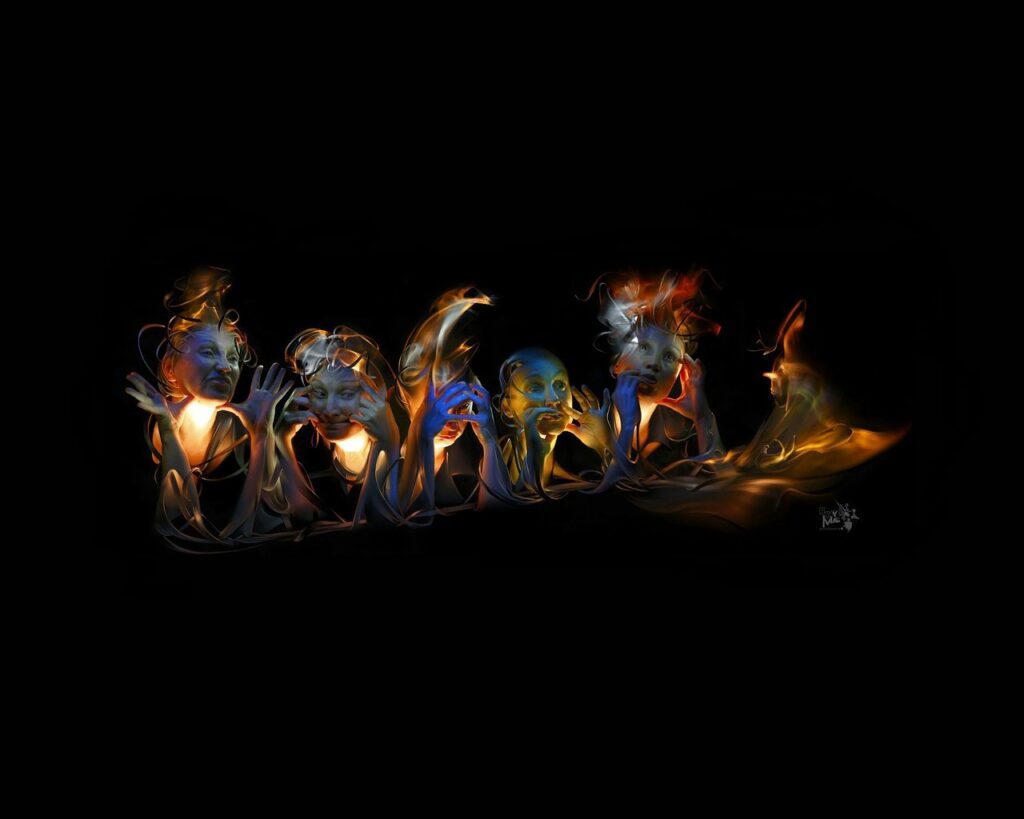 Enigmatic Humanoid Figures in Ethereal Abstract Digital Art Wallpaper