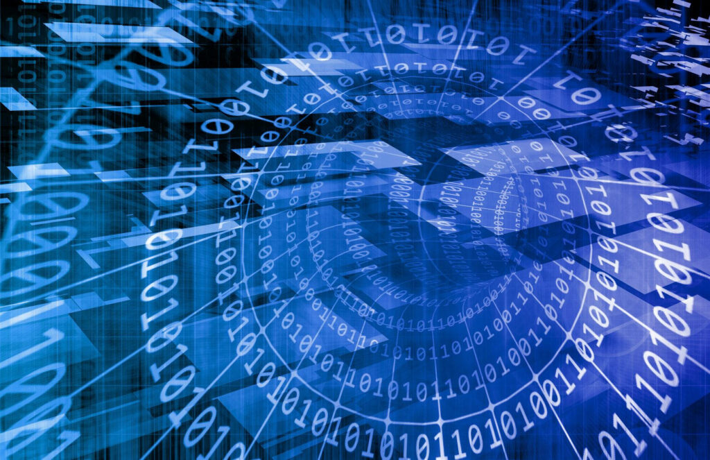 Abstract IT Wallpaper: Spiraling Binary on Blue Digital Background