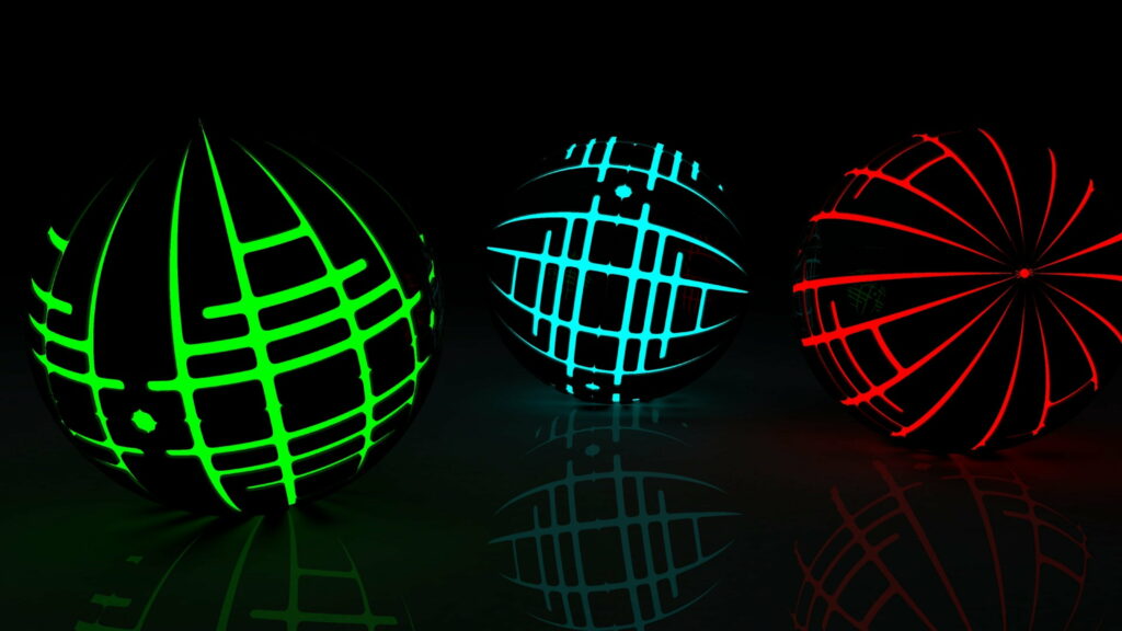 4K abstract digital wallpaper with glowing green cyan red spheres on reflective surface futuristic design