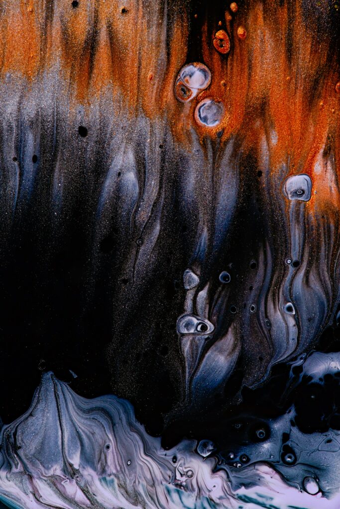 Mesmerizing Abstract Wallpaper: Black, Orange & White Liquid Patterns