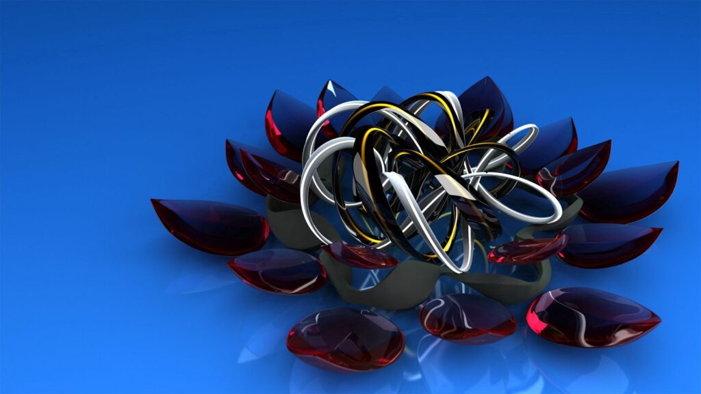Elegant Abstract Wallpaper: Metal Sculpture & Dark Red Petals on Blue
